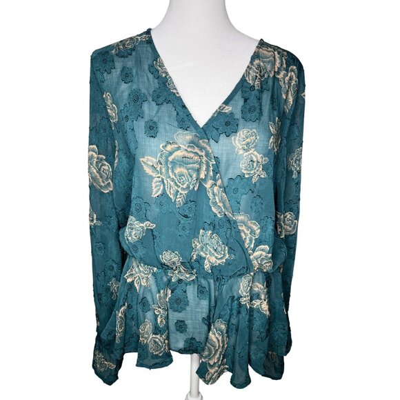 VENUS Tops - Venus Teal Floral Wrap Blouse Womens Long Sleeve V-Neck Size 12
